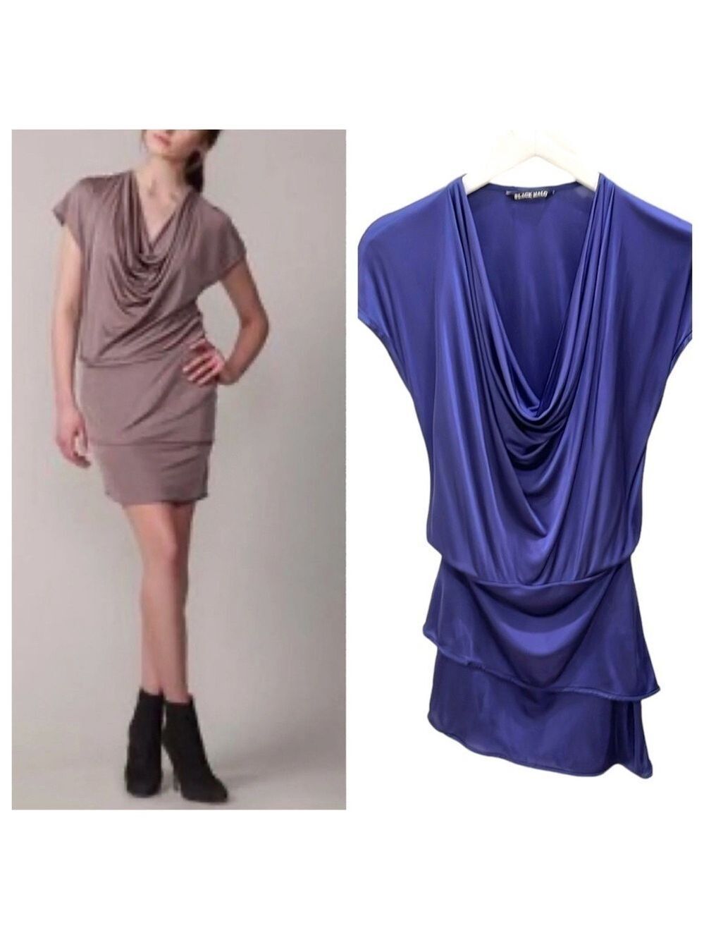Black Halo Laurie Draped Neckline Tiered Mini Dress Body Con SZ XS Dark Blue